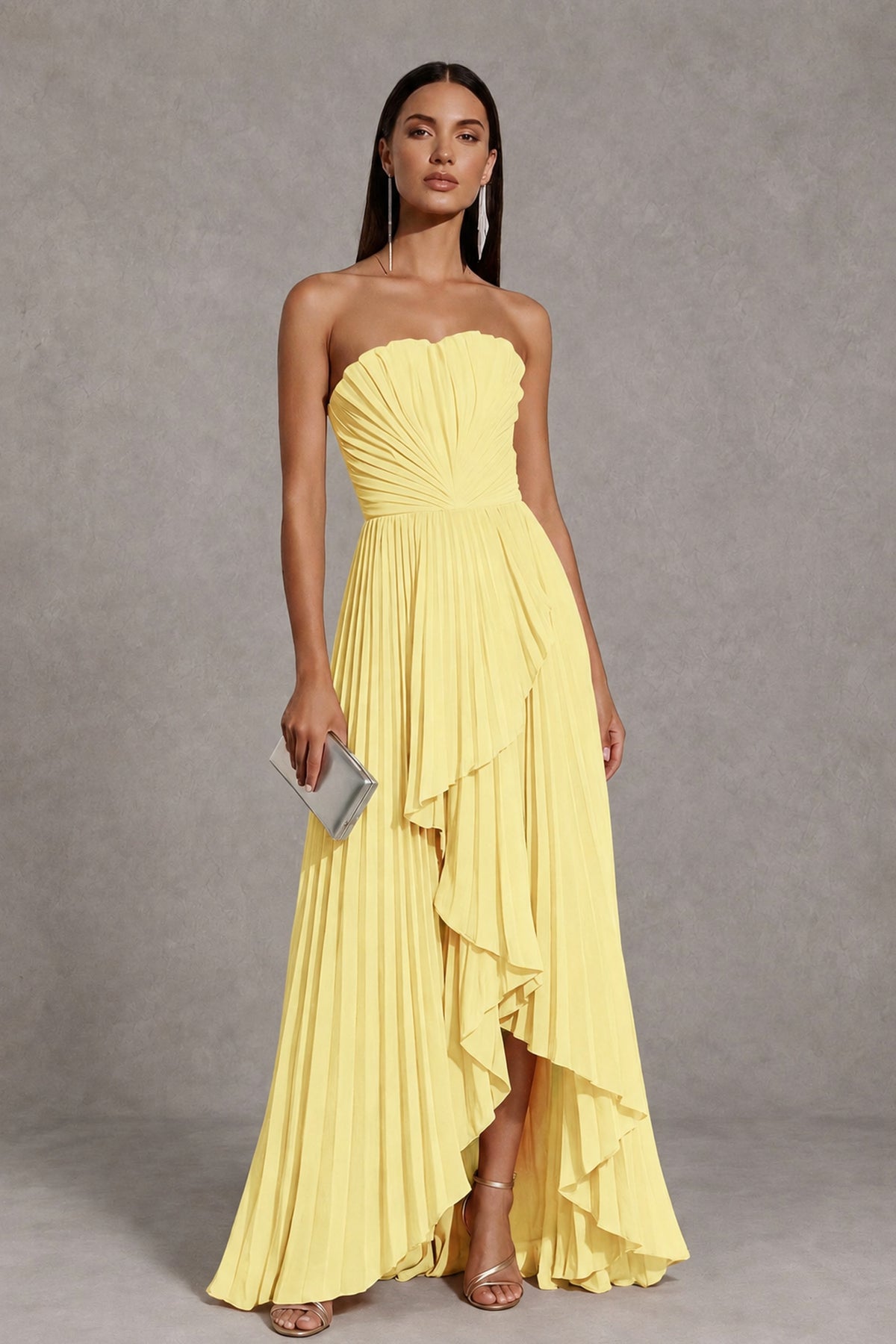 Light Yellow Strapless Pleated High-Low Evening Gown with Ruffle Hem - Light Yellow