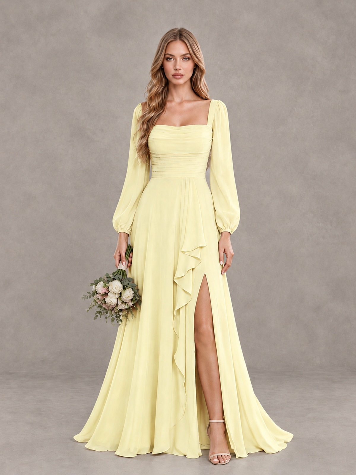 BOLODOO Light Yellow Square Neck Long Sleeve Bridesmaid Dress with Ruffle Slit - Light Yellow - Light Yellow_1