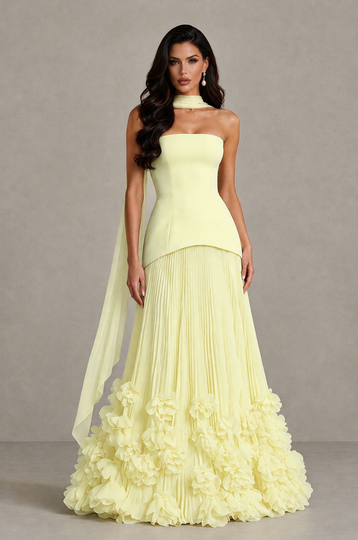 BOLODOO Light Yellow Strapless Pleated Floral Hem Evening Gown - Light Yellow - Light Yellow_1