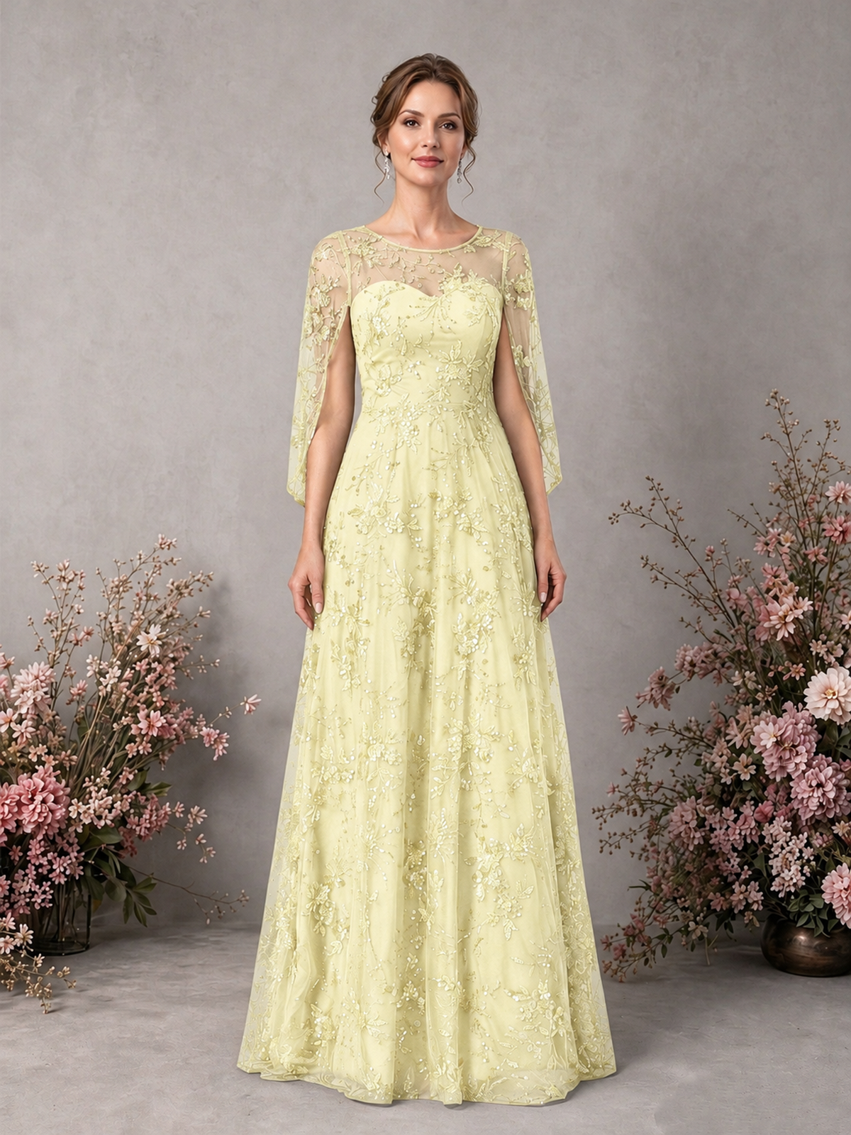 BOLODOO Light Yellow Sequin Lace Cape Sleeve Formal Evening Gown - Light Yellow - Light Yellow_1
