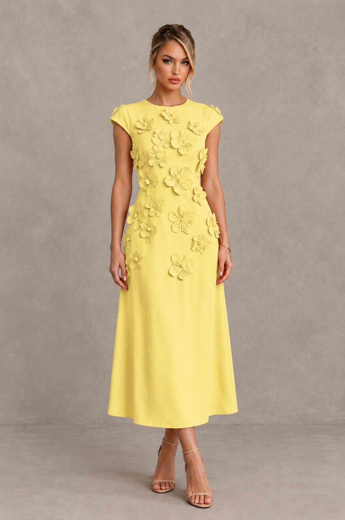 BOLODOO Light Yellow 3D Floral Cap Sleeve Midi Cocktail Dress - Light Yellow - Light Yellow_1