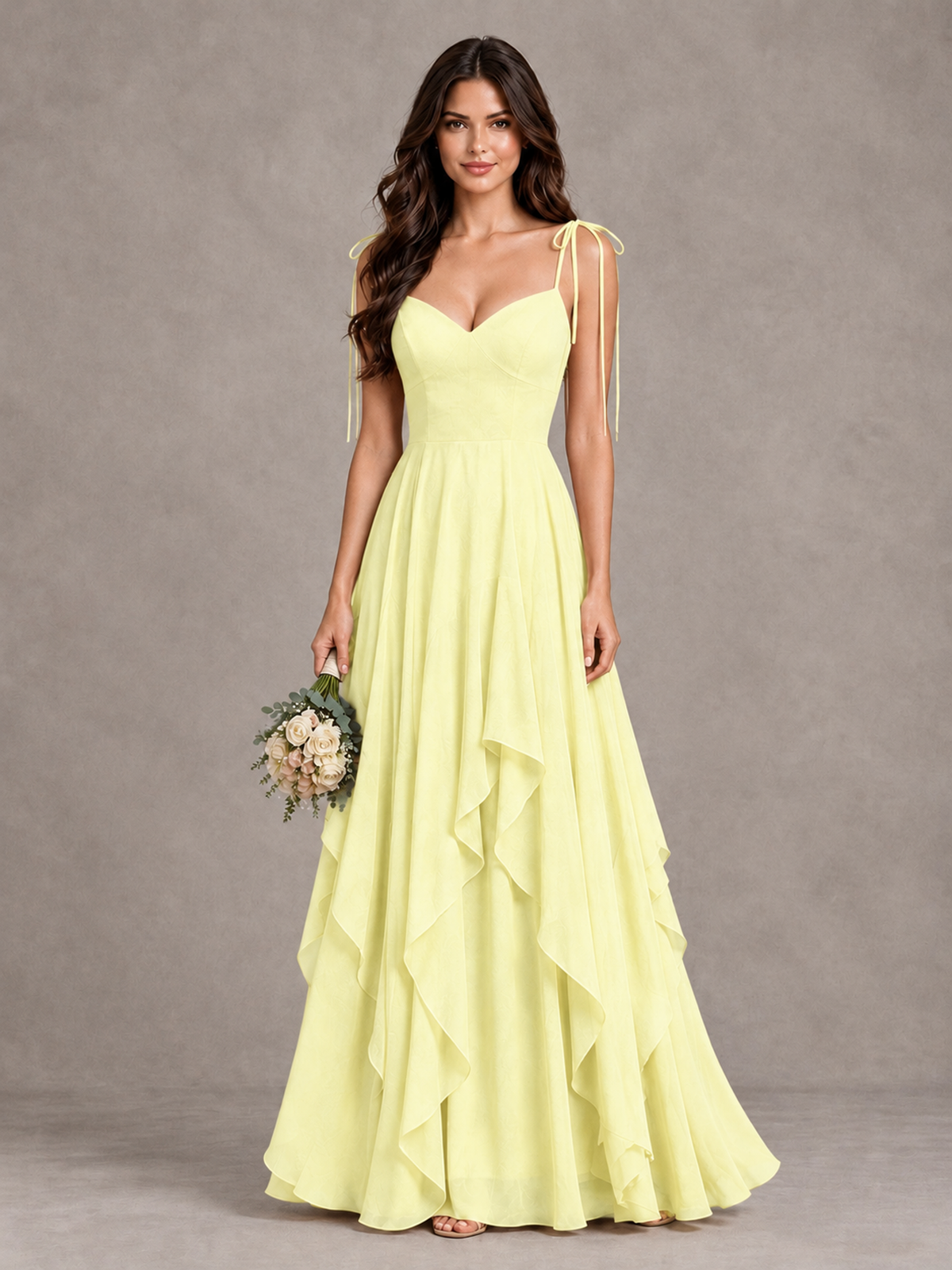 BOLODOO Light Yellow Tie-Strap Ruffle A-Line Bridesmaid Dress - Light Yellow - Light Yellow_1