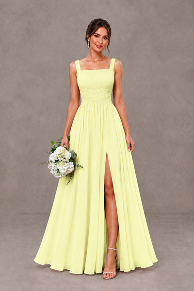 BOLODOO Light Yellow Square Neck A-Line Bridesmaid Dress with Slit - Light Yellow - Light Yellow_1
