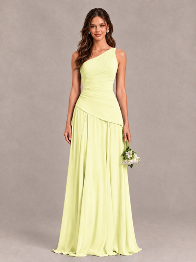 BOLODOO Light Yellow One-Shoulder Lace-Up Back Bridesmaid Dress - Light Yellow - Light Yellow_1