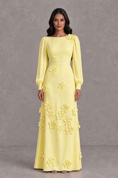 BOLODOO Light Yellow Long Sleeve Floral Applique A-Line Evening Dress - Light Yellow - Light Yellow_1