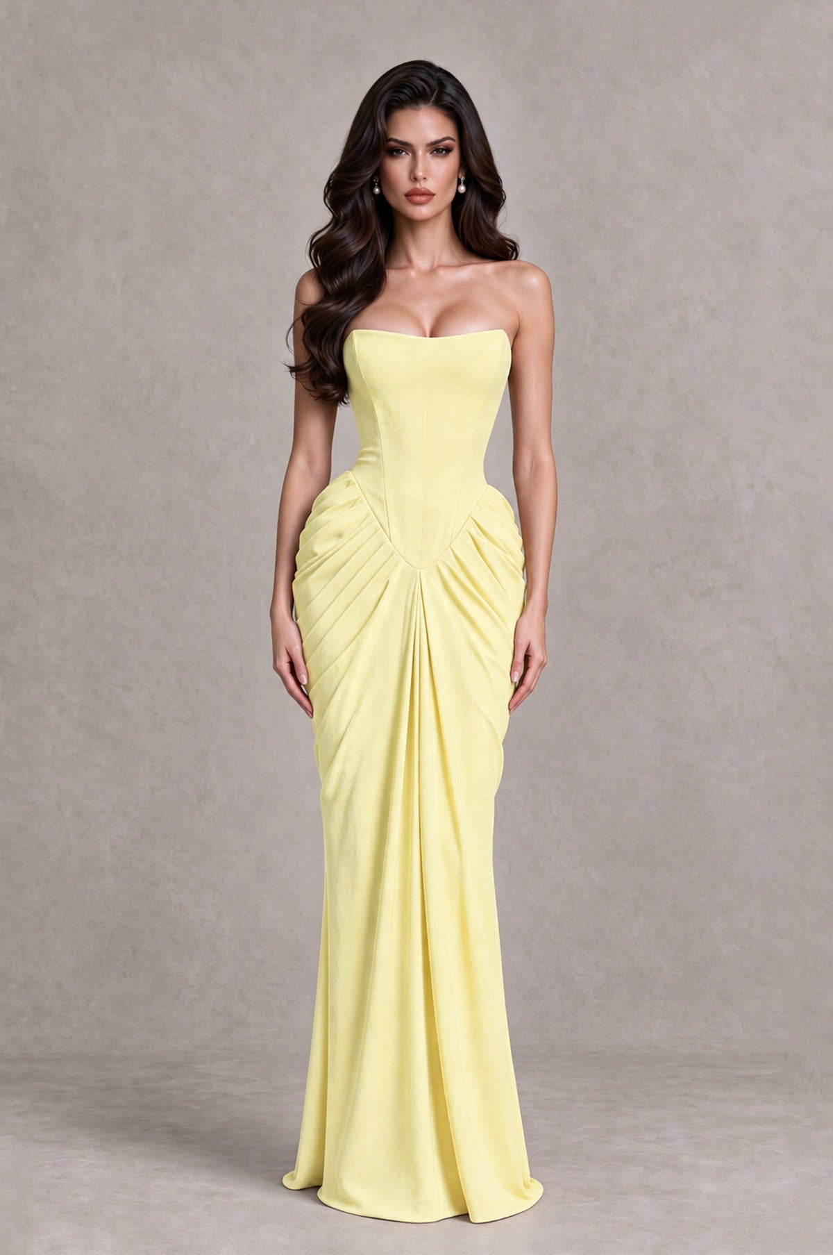 BOLODOO Light Yellow Strapless Ruched Corset Evening Gown - Light Yellow - Light Yellow_1