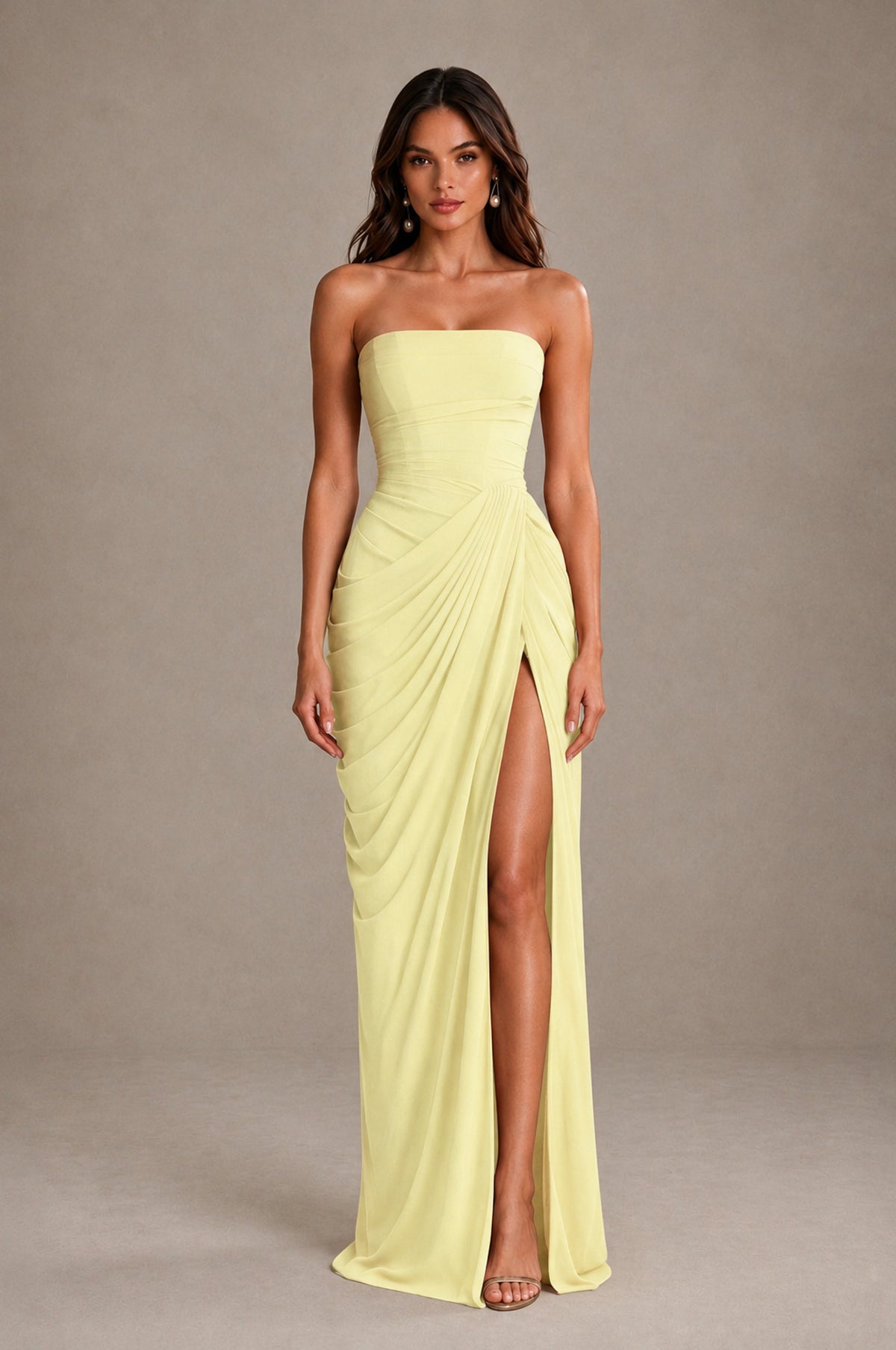 BOLODOO Strapless Draped Maxi Dress - Light Yellow Backless Evening Gown with High Slit - Light Yellow - Light Yellow_1