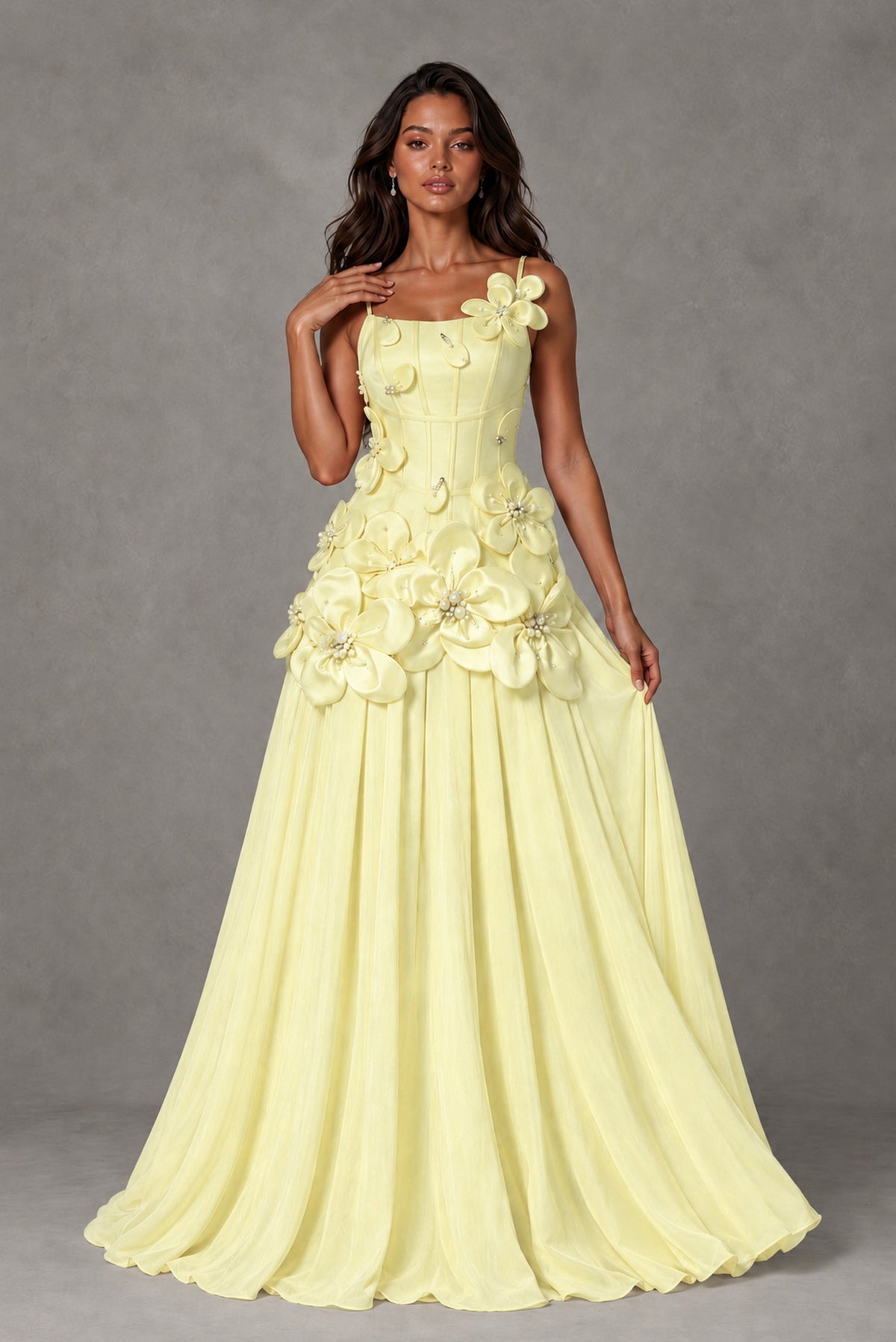 BOLODOO Light Yellow 3D Floral Appliqué Floor-Length A-Line Evening Gown - Light Yellow