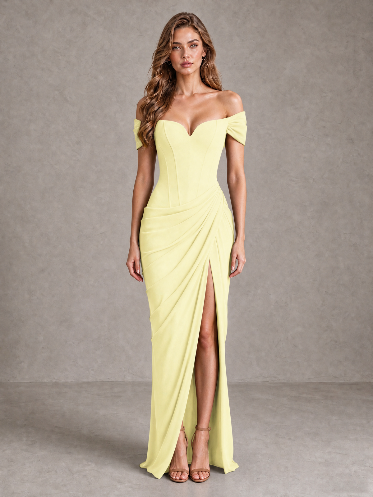 BOLODOO Light Yellow Off-Shoulder Ruched Corset Wedding Guest Dress with Slit - Light Yellow - Light_Yellow_1
