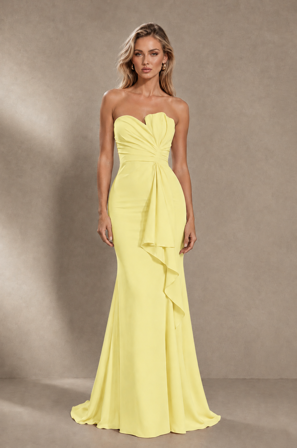 BOLODOO Light Yellow Strapless Sweetheart Ruched Mermaid Gown | Cascade Drape Formal Evening Dress - Light Yellow - Light_Yellow_1