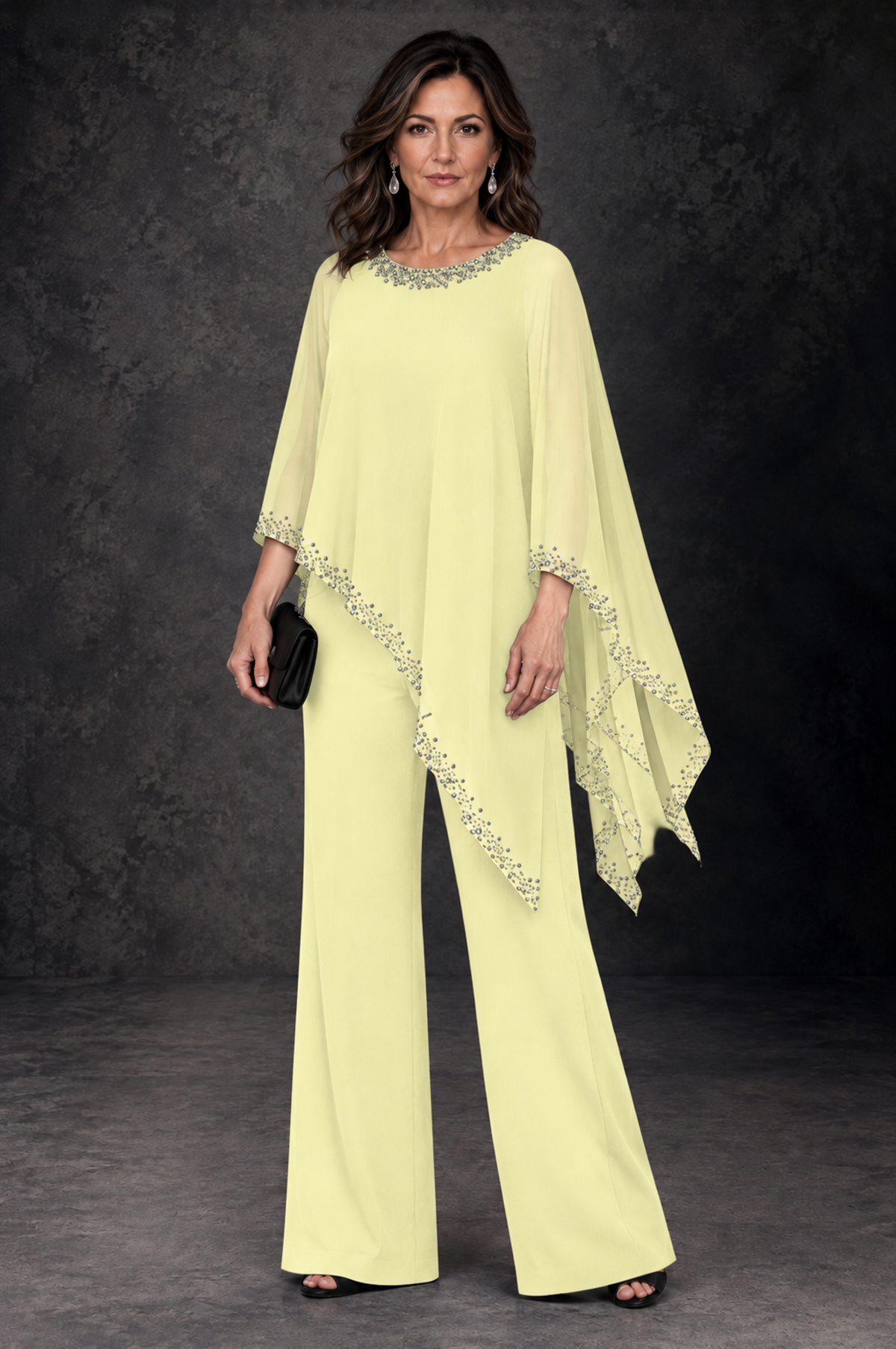 BOLODOO Light Yellow Embellished Cape Mother of the Bride Pantsuit - Light Yellow - Light_Yellow_1