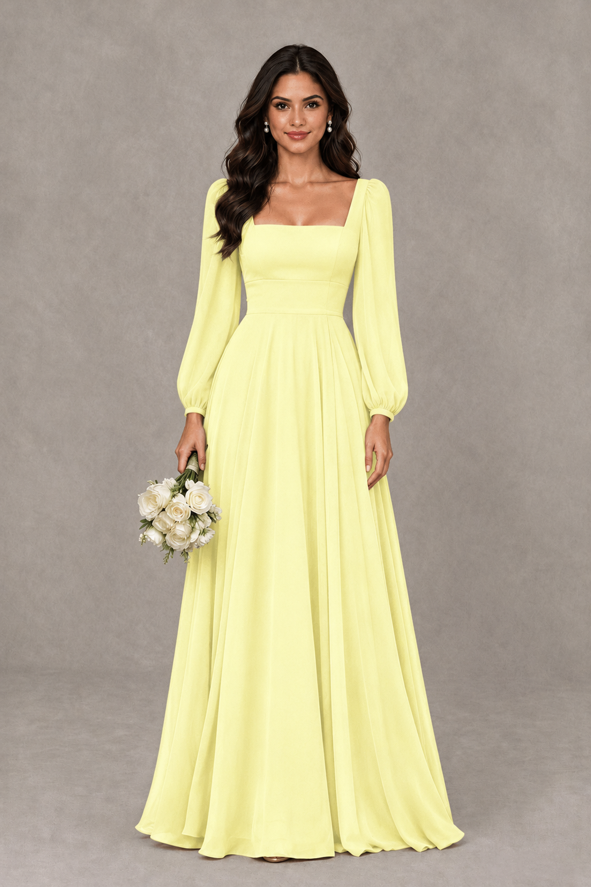 BOLODOO Light Yellow Square Neck Long Sleeve A-Line Bridesmaid Dress - Light Yellow - Light Yellow_1