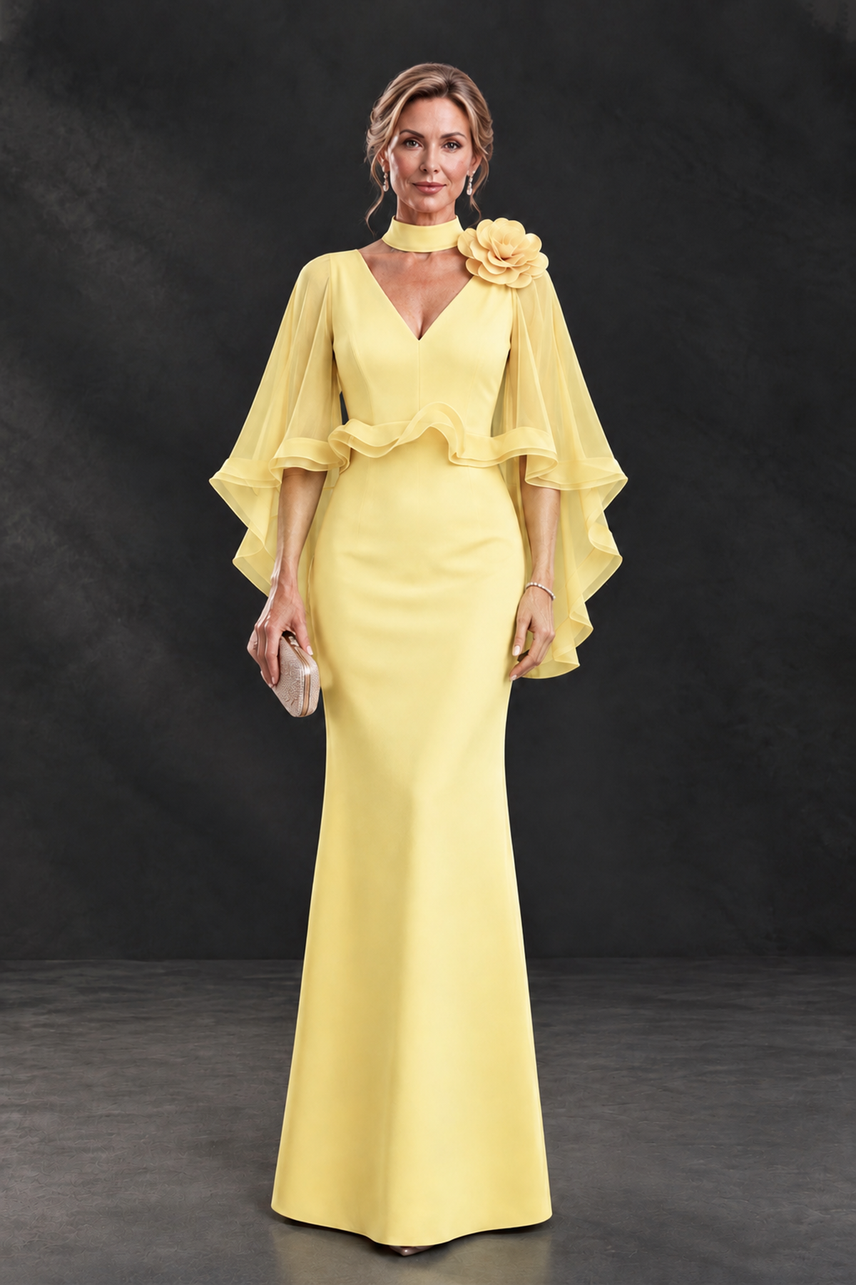 BOLODOO Light Yellow Floral Cape Sleeve Mother of the Bride Dress - Light Yellow - Light_Yellow_1