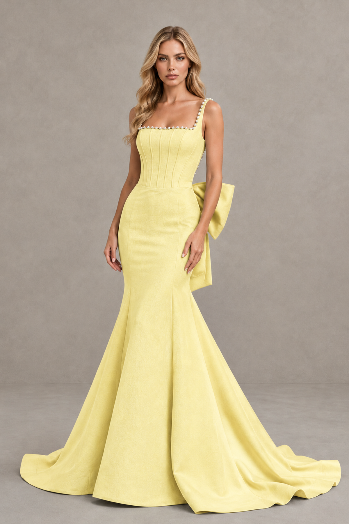 BOLODOO Light Yellow Pearl-Trim Mermaid Prom Dress with Back Bow - Light Yellow - Light_Yellow_1