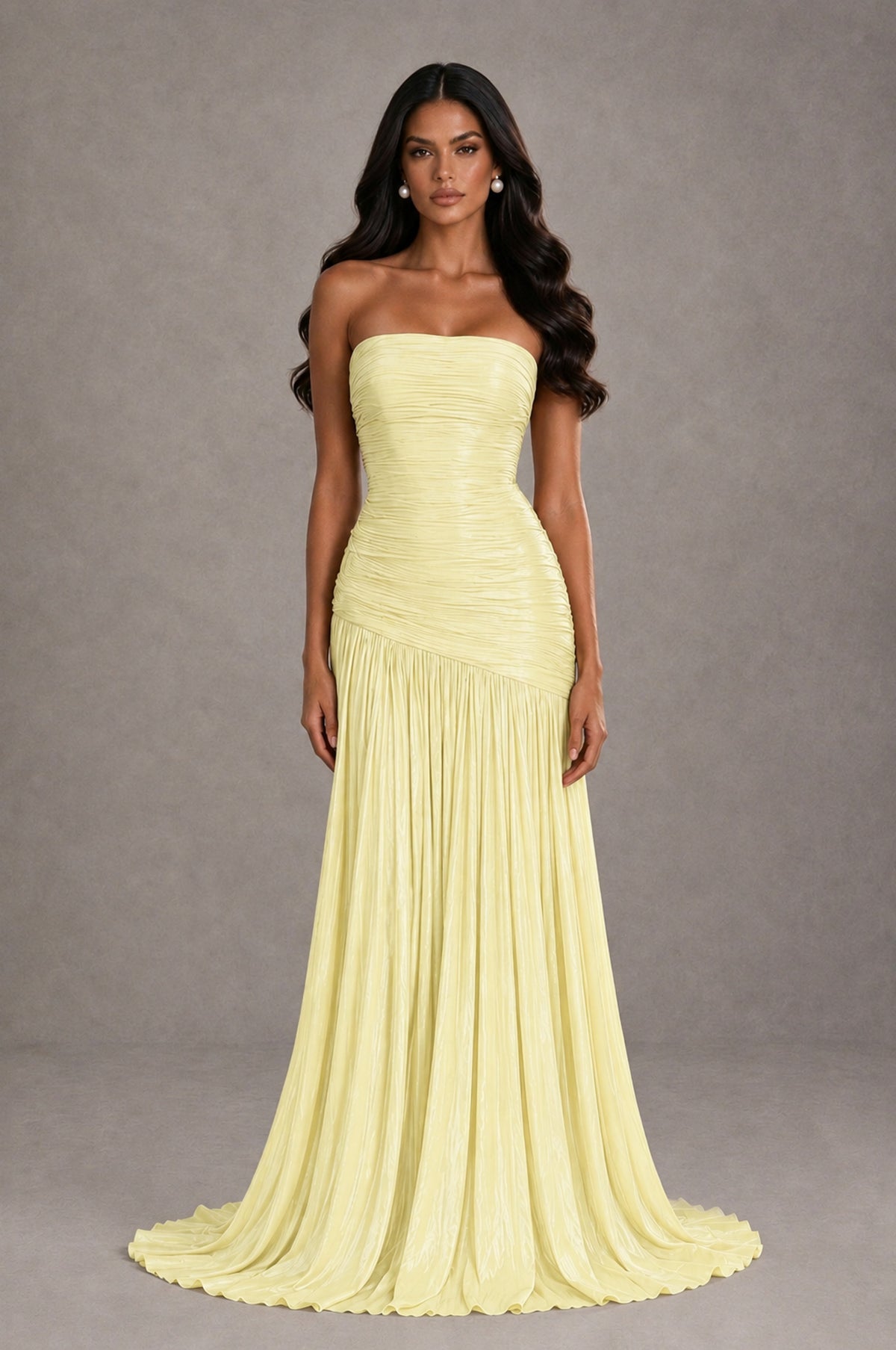 BOLODOO Light Yellow Metallic Ruched Strapless Pleated A-Line Backless Maxi Dress with Train - Light Yellow - Light Yellow_1