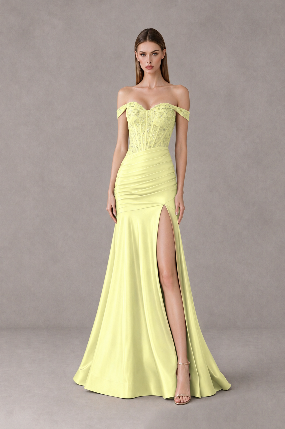 BOLODOO Light Yellow Off-Shoulder Corset Mermaid Prom Dress with Slit Sequin Lace Evening Gown - Light Yellow - Light Yellow_1