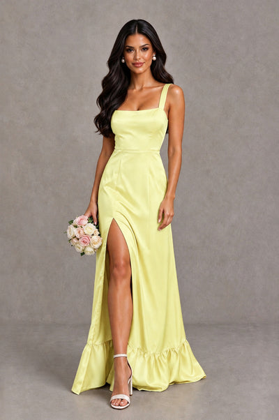 BOLODOO Light Yellow Square Neck Satin Evening Dress with Lace-Up Back and High Slit - Light Yellow - Light Yellow_1