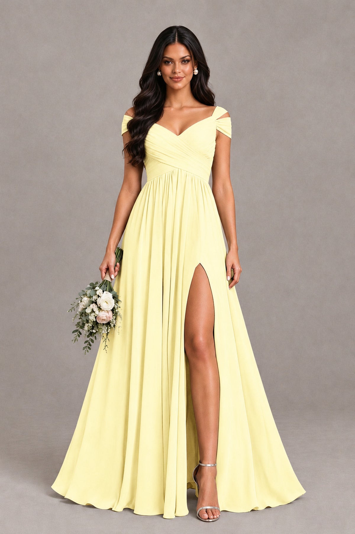 BOLODOO Light Yellow Cold Shoulder Chiffon Evening Dress with V Neck and High Slit - Light Yellow - Light Yellow_1