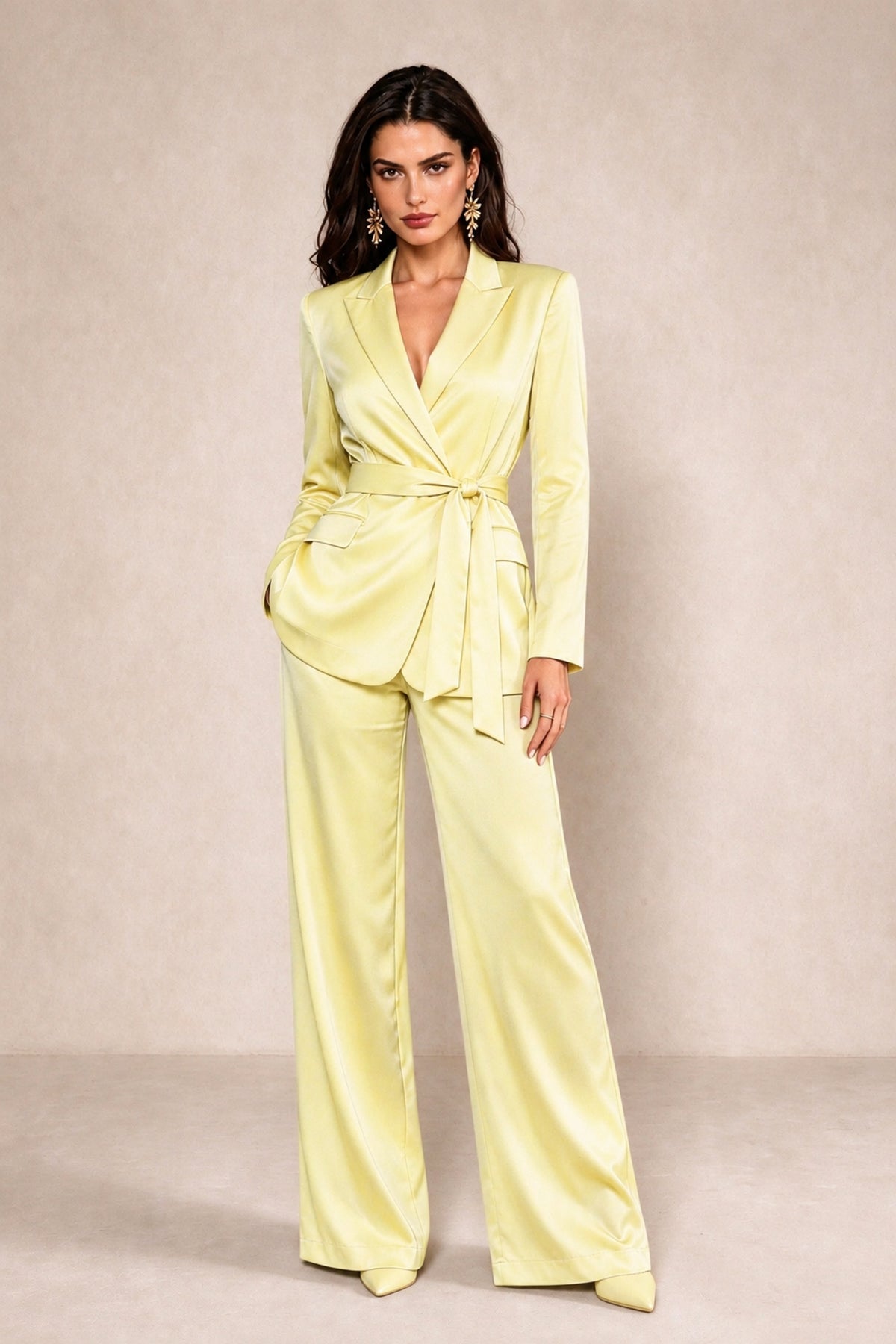 BOLODOO Light Yellow Satin Wrap Blazer Wide-Leg Pants Two-Piece Suit Set – Evening Gala Wedding Guest - Light Yellow - Light_Yellow_1