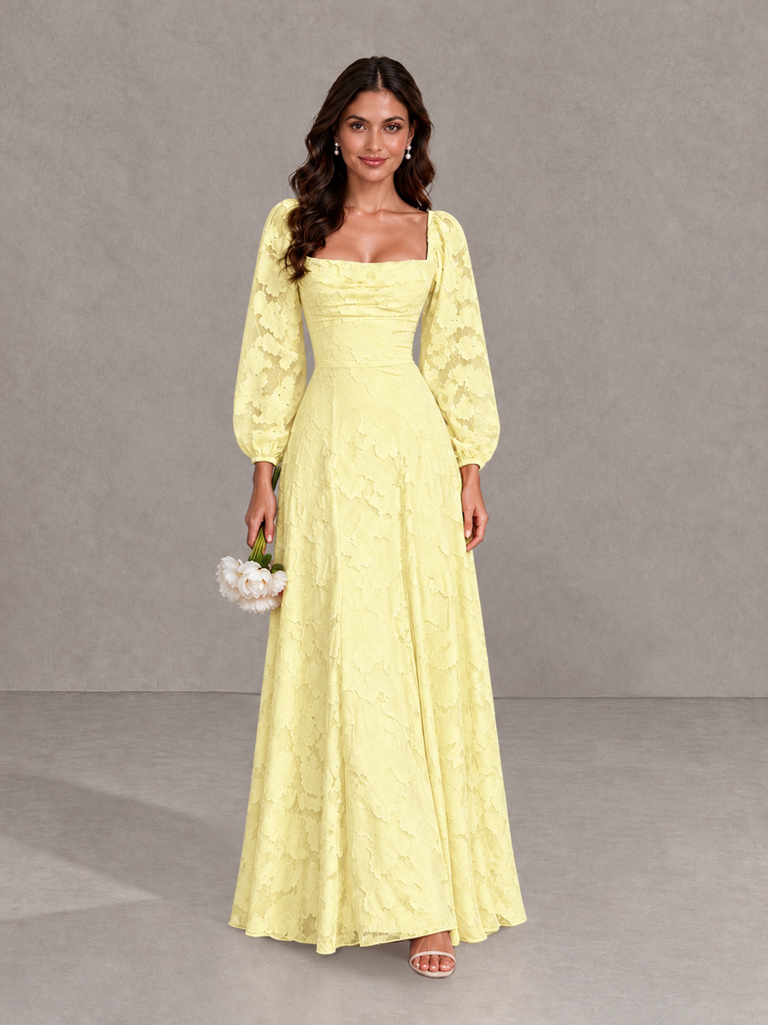 Light Yellow Floral Long Sleeve Bridesmaid Dress | BOLODOO