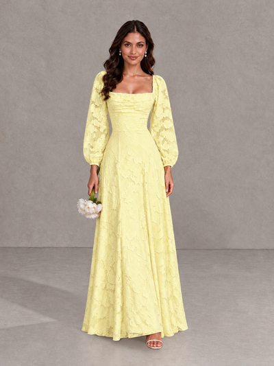 BOLODOO Light Yellow Floral Long Sleeve A-Line Bridesmaid Dress - Light Yellow - Light Yellow_1