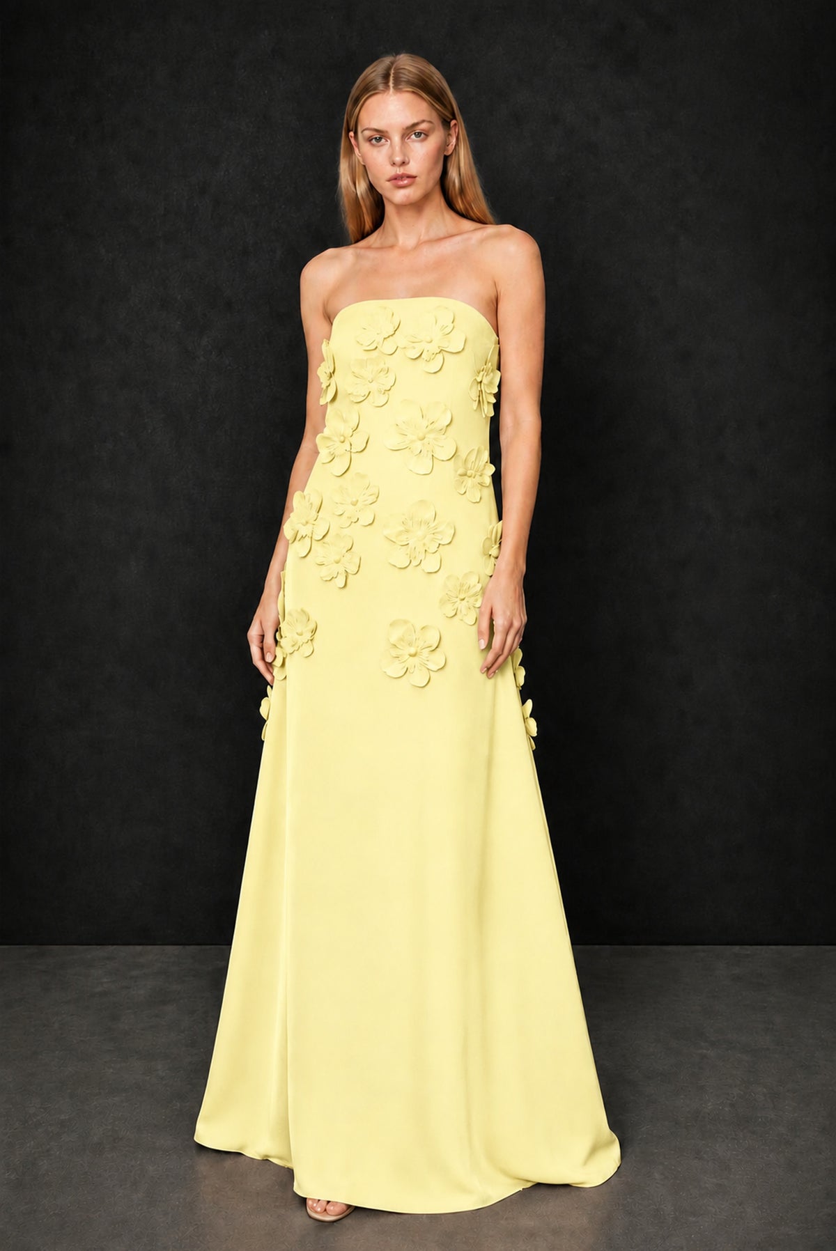 BOLODOO Light Yellow Strapless 3D Floral Appliqué Crepe Maxi Gown - Light Yellow