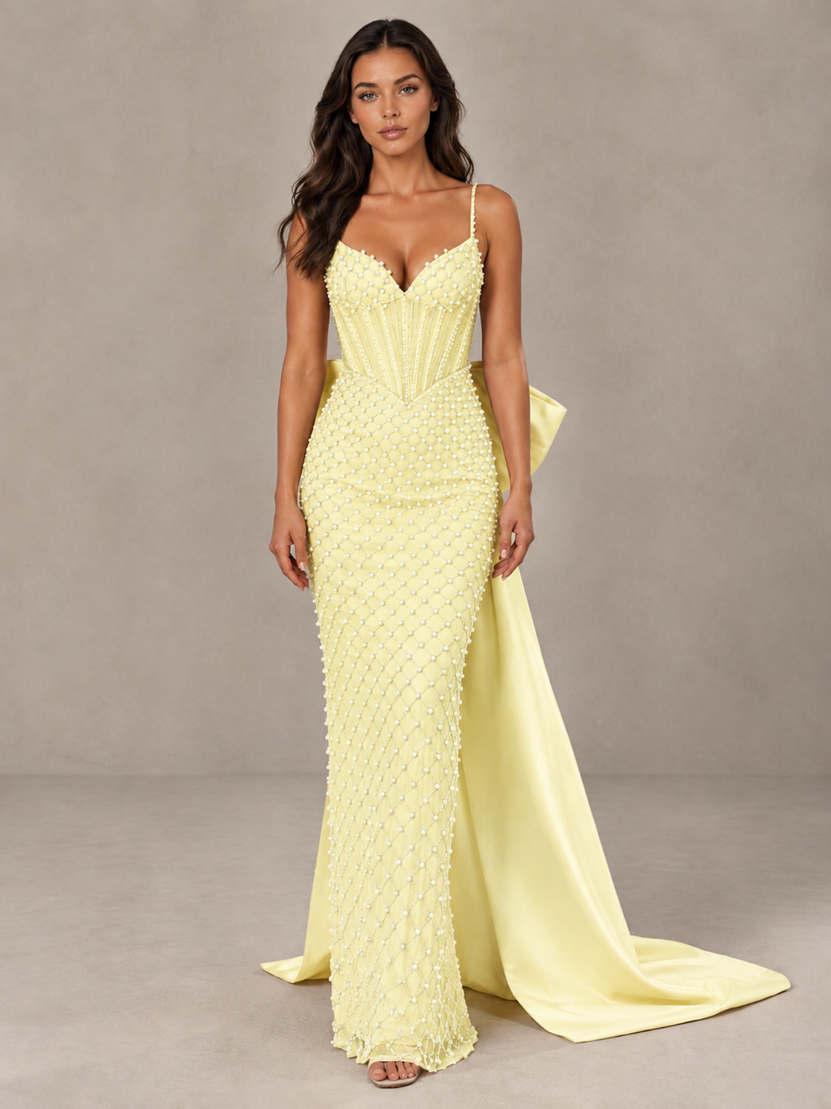 BOLODOO Light Yellow Beaded Corset Prom Dress with Bow Train - Light Yellow - Light_Yellow_1