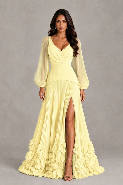 BOLODOO Light Yellow V-Neck Long Sleeve Pleated Floral Hem Evening Dress - Light Yellow - Light Yellow_1