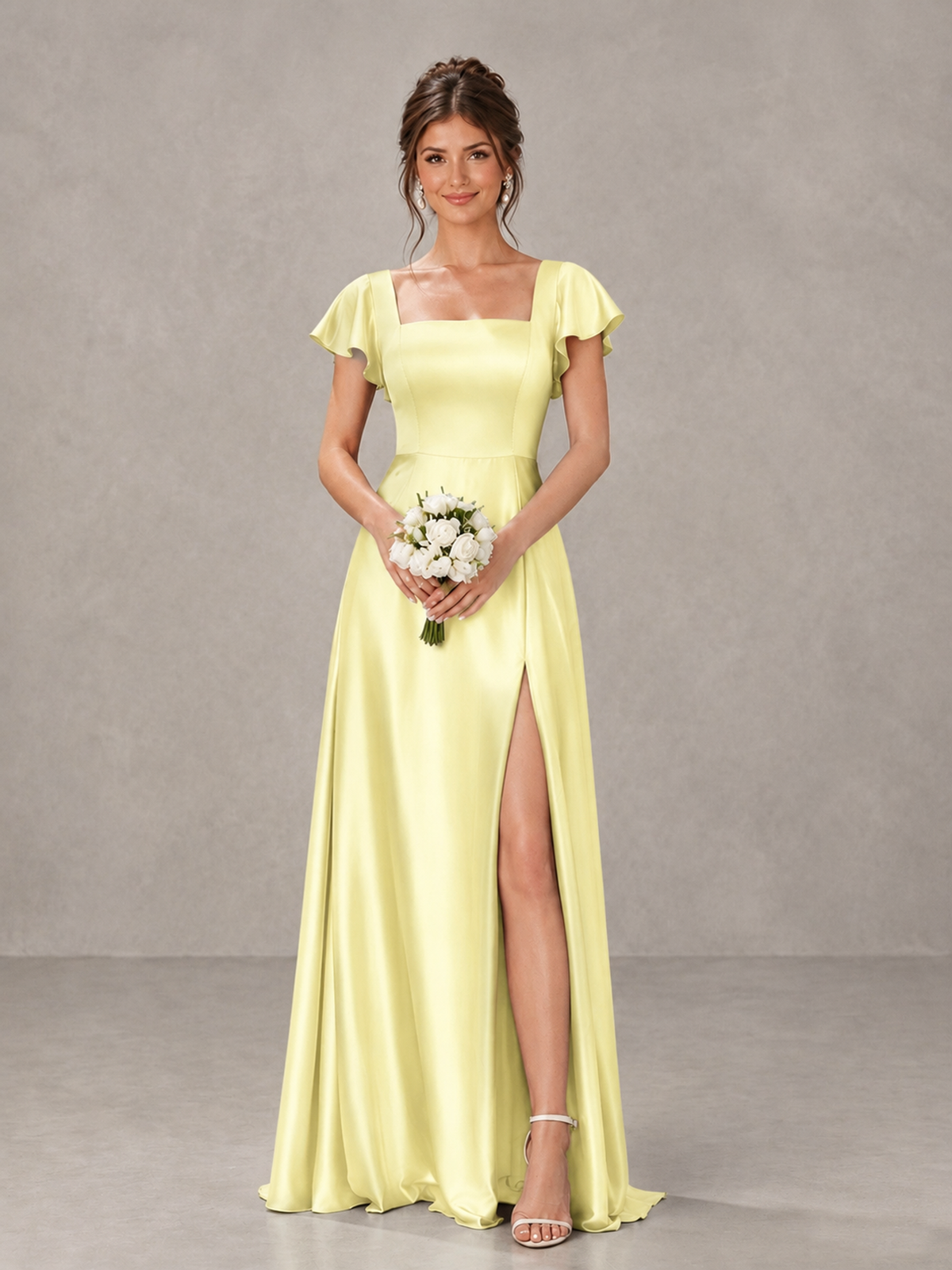 BOLODOO Light Yellow Satin Square Neck Flutter Sleeve A-Line Bridesmaid Dress with Slit - Light Yellow - Light Yellow_1