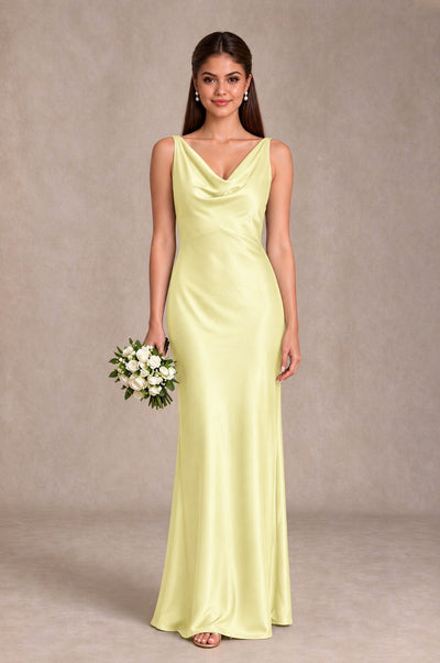 BOLODOO Light Yellow Cowl Neck Open Back Satin Bridesmaid Dress - Light Yellow - Light Yellow_1