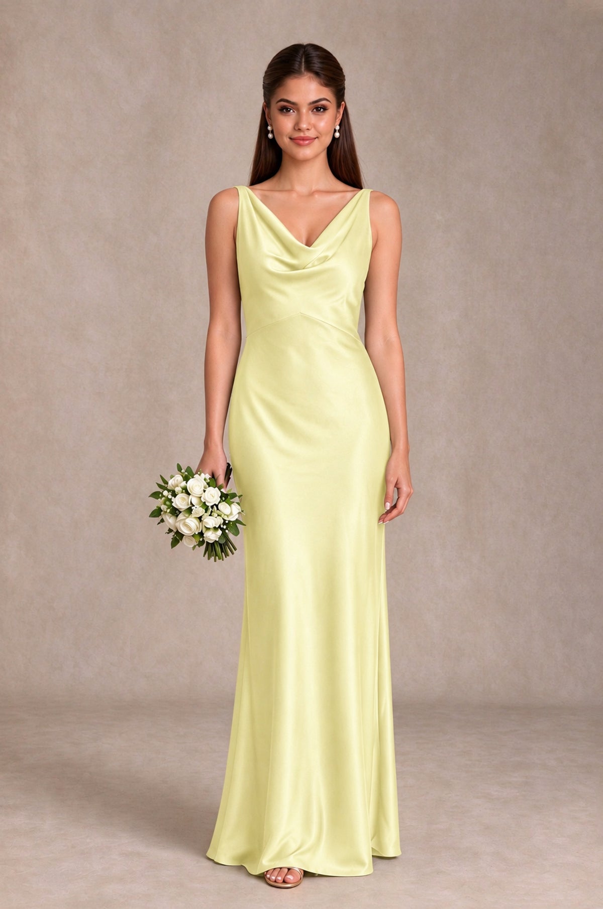 BOLODOO Light Yellow Cowl Neck Open Back Satin Bridesmaid Dress - Light Yellow - Light Yellow_1