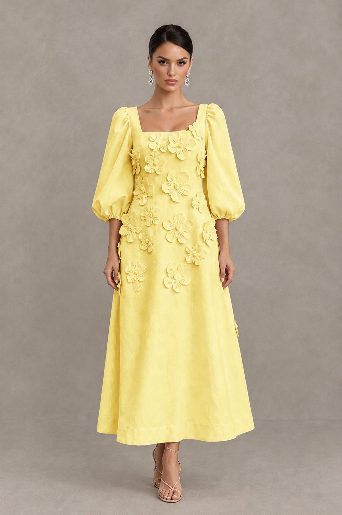 BOLODOO Light Yellow 3D Floral Puff Sleeve Midi Cocktail Dress - Light Yellow - Light Yellow_1