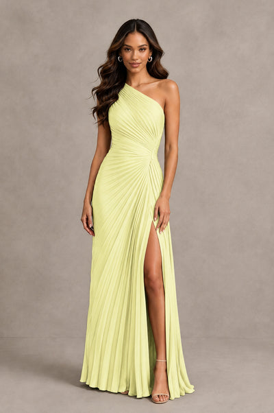 BOLODOO Light Yellow One Shoulder Pleated Evening Dress with Ruched Waist and High Slit - Light Yellow - Light Yellow_1