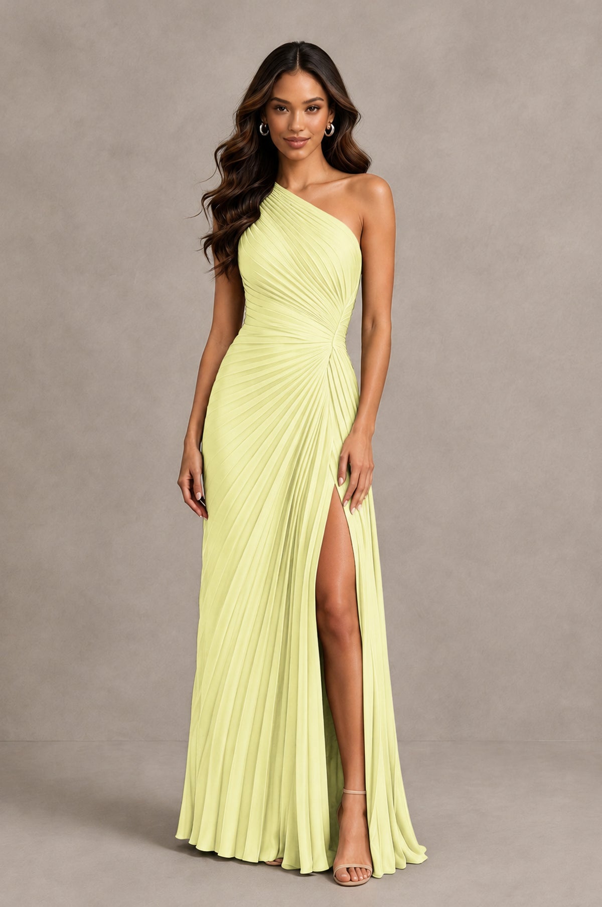 BOLODOO Light Yellow One Shoulder Pleated Evening Dress with Ruched Waist and High Slit - Light Yellow - Light Yellow_1