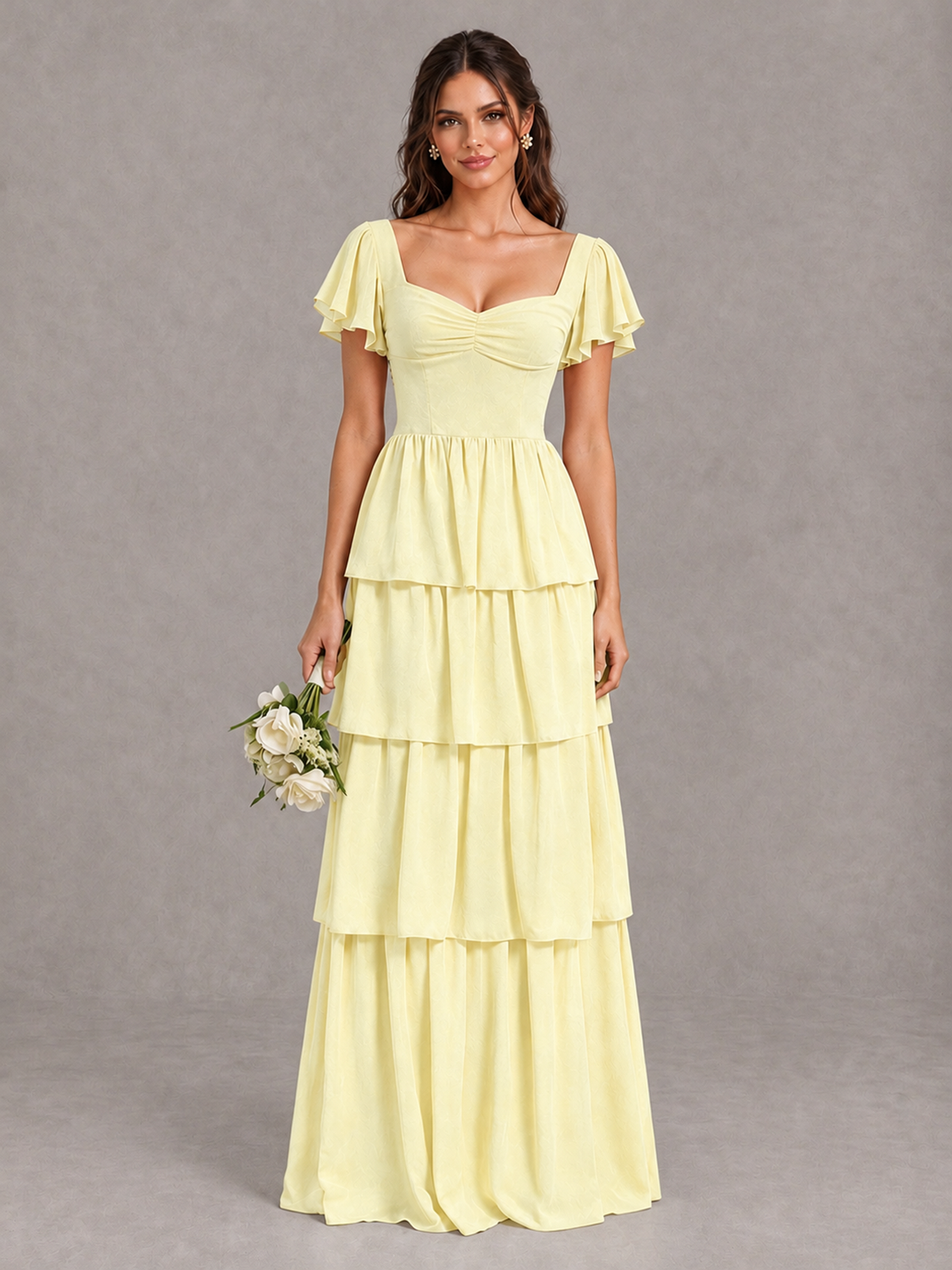 BOLODOO Light Yellow Flutter Sleeve Tiered Maxi Bridesmaid Dress - Light Yellow - Light Yellow_1