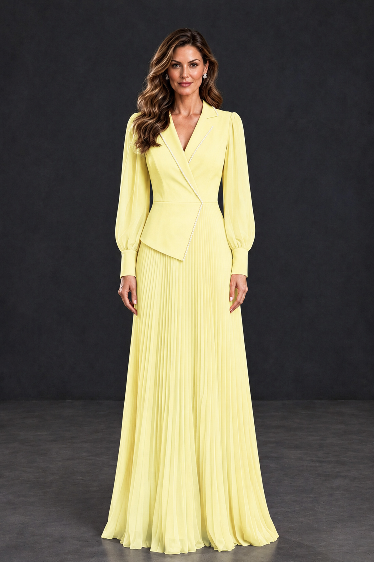 BOLODOO Light Yellow Long Sleeve Pleated Mother of the Bride Dress - Light Yellow - Light Yellow_1