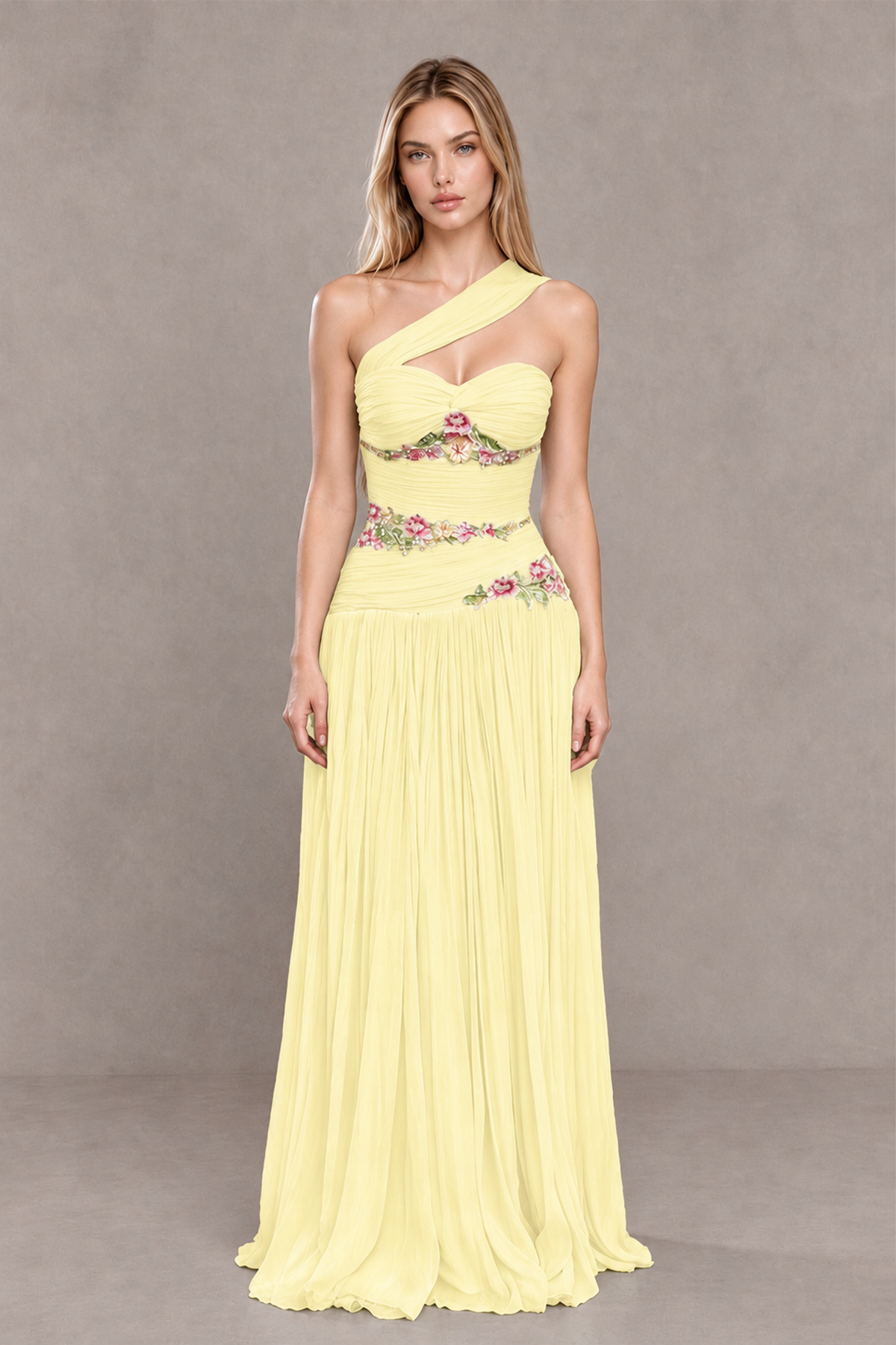 BOLODOO Light Yellow One-Shoulder Floral Applique A-Line Evening Dress - Light Yellow - Light Yellow_1