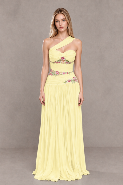 BOLODOO Light Yellow One-Shoulder Floral Applique A-Line Evening Dress - Light Yellow - Light Yellow_1