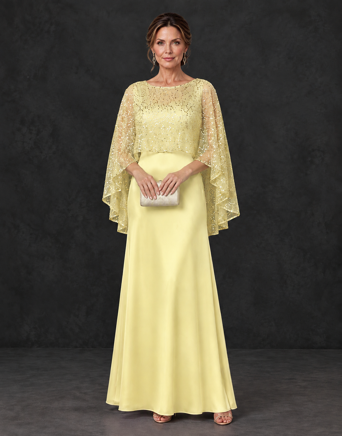 BOLODOO Light Yellow Sparkle Cape Sleeve Mother of the Bride Dress - Light Yellow - Light_Yellow_1