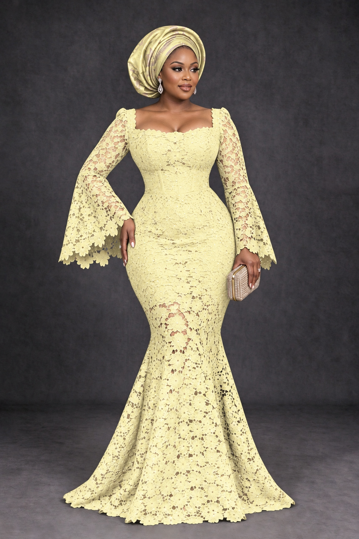 BOLODOO Light Yellow African Lace Mermaid Dress, Plus Size Nigerian Wedding Guest Gown with Bell Sleeves - Light Yellow - Light Yellow_1