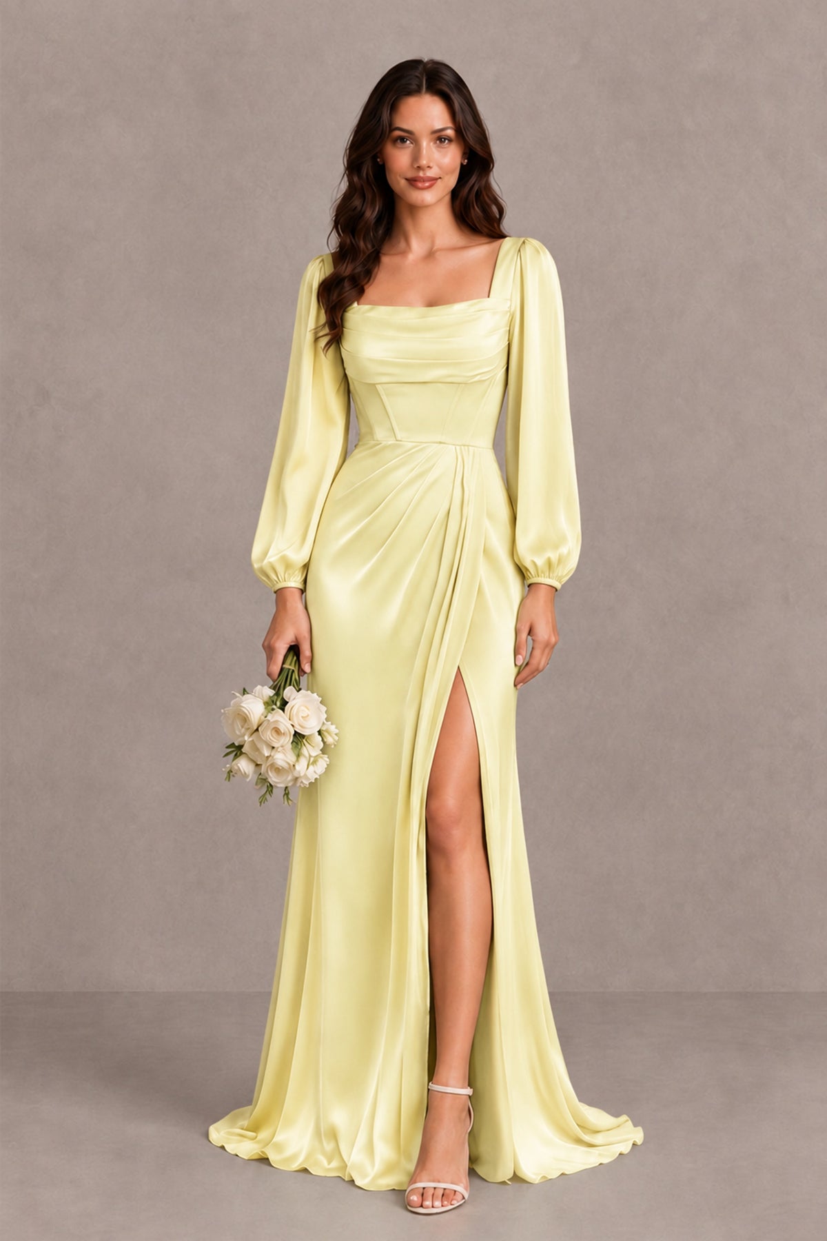 BOLODOO Light Yellow Satin-Look Long Sleeve Evening Dress with High Slit - Light Yellow - Light Yellow_1