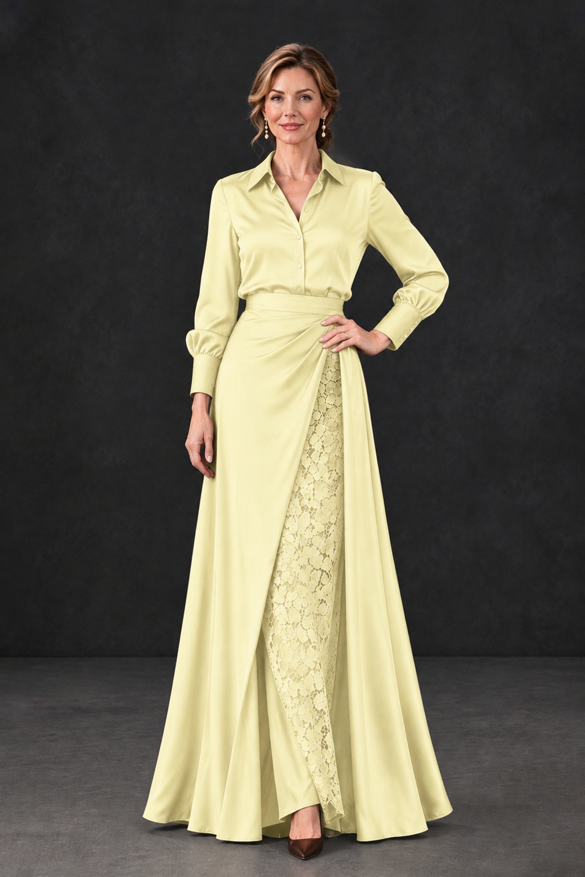 BOLODOO Light Yellow Long Sleeve Satin-Look Lace Panel Gown - Light Yellow - Light Yellow_1