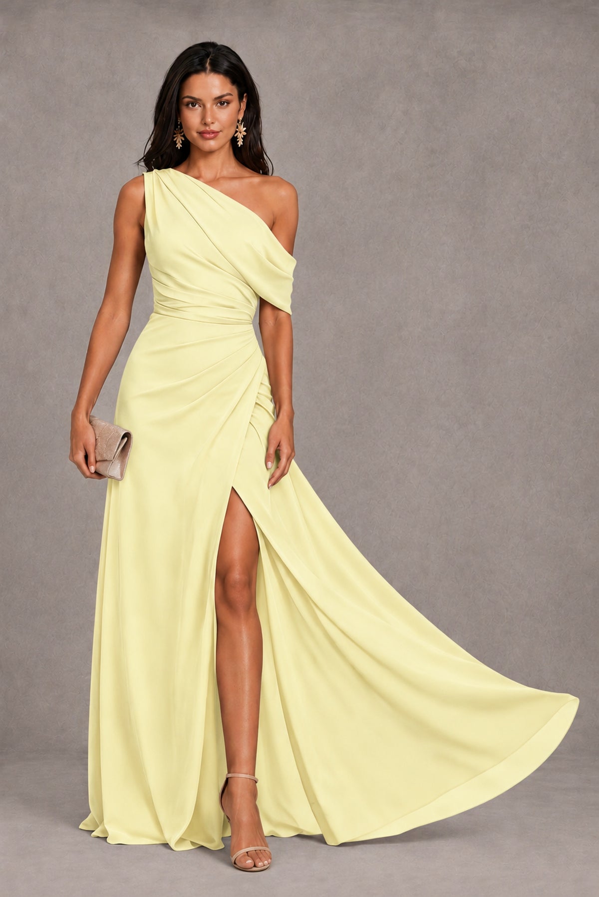 Light Yellow One-Shoulder Floor-Length Evening Gown with High Slit - Light Yellow