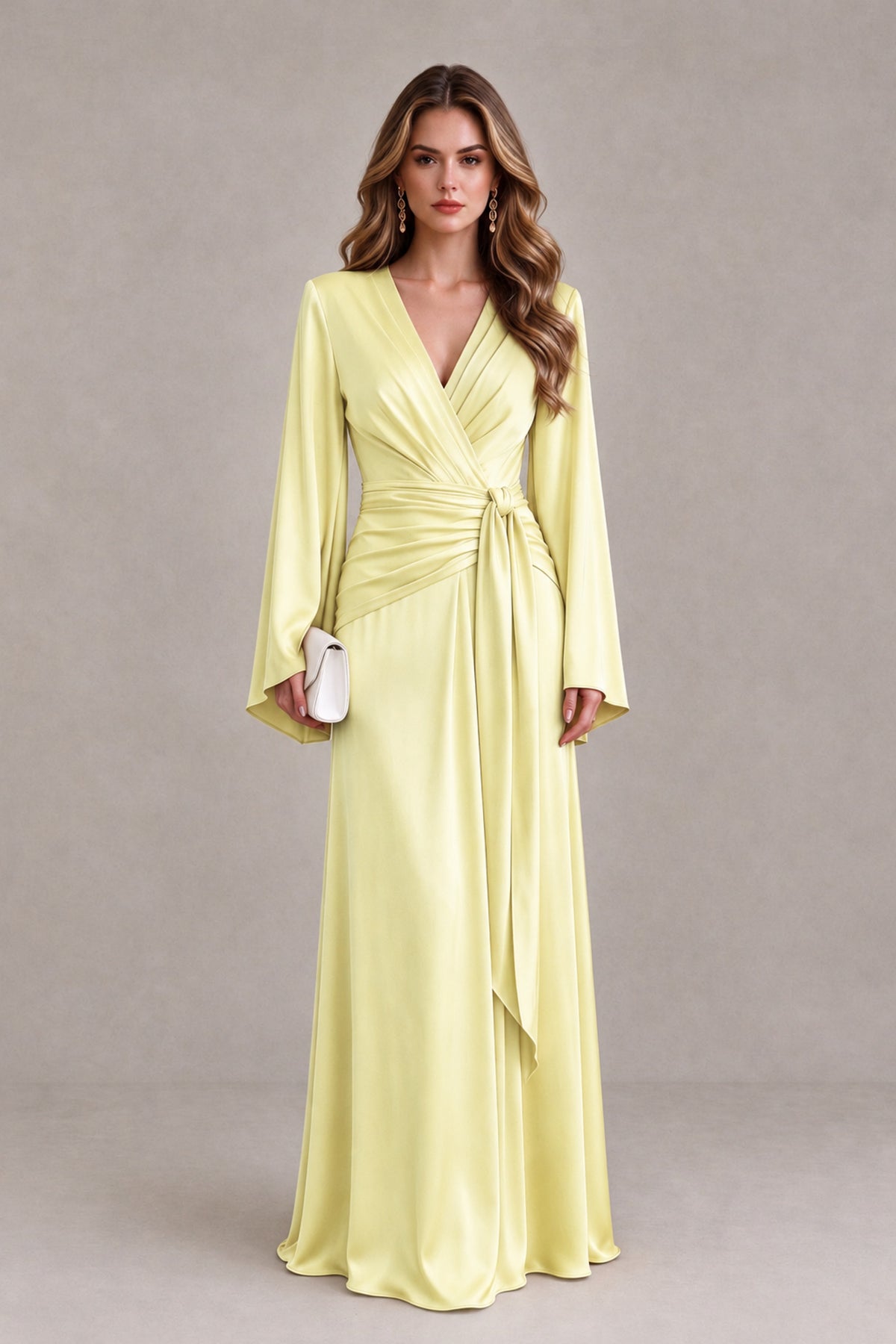 BOLODOO Light Yellow Yellow Satin-Look V-Neck Long Bell Sleeve Evening Dress - Light Yellow - Light_Yellow_1