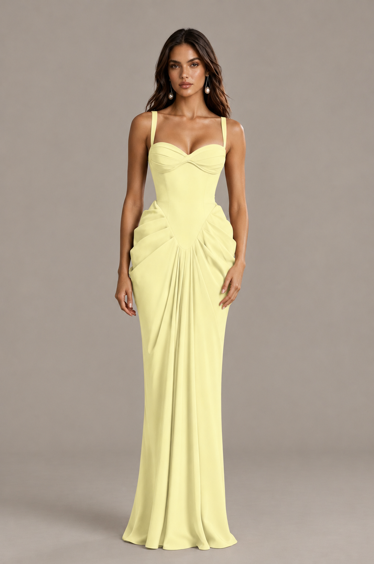 BOLODOO Light Yellow Sweetheart Ruched Lace-Up Back Evening Gown - Light Yellow - Light_Yellow_1