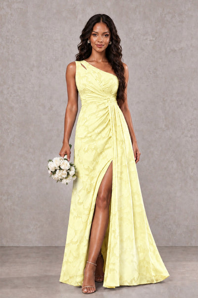 BOLODOO Light Yellow One-Shoulder Floral Textured Maxi Dress with High Slit - Light Yellow - Light Yellow_1