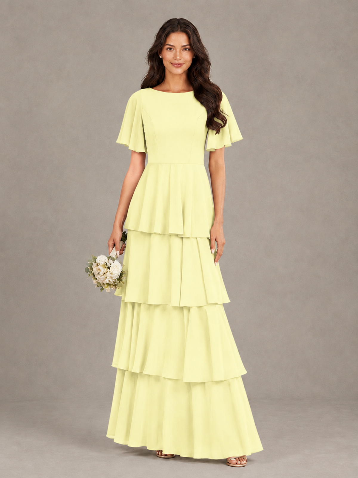 BOLODOO Light Yellow Tiered Flutter Sleeve Bridesmaid Dress - Light Yellow - Light Yellow_1