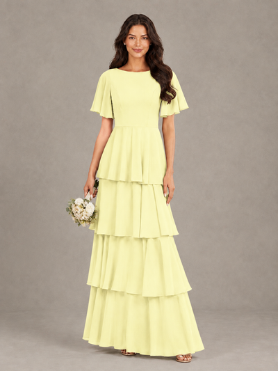 BOLODOO Light Yellow Tiered Flutter Sleeve Bridesmaid Dress - Light Yellow - Light Yellow_1