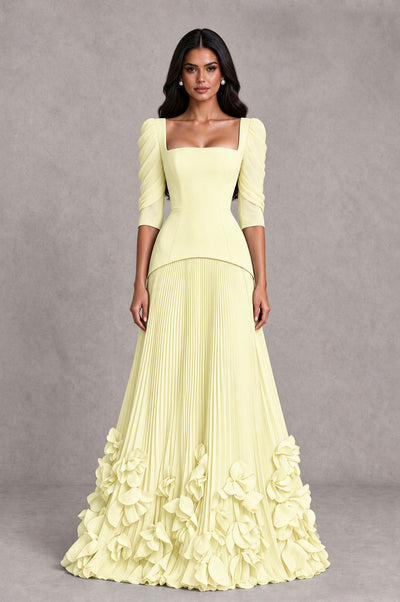 BOLODOO Light Yellow Square Neck Pleated Floral Applique Evening Dress - Light Yellow - Light Yellow_1