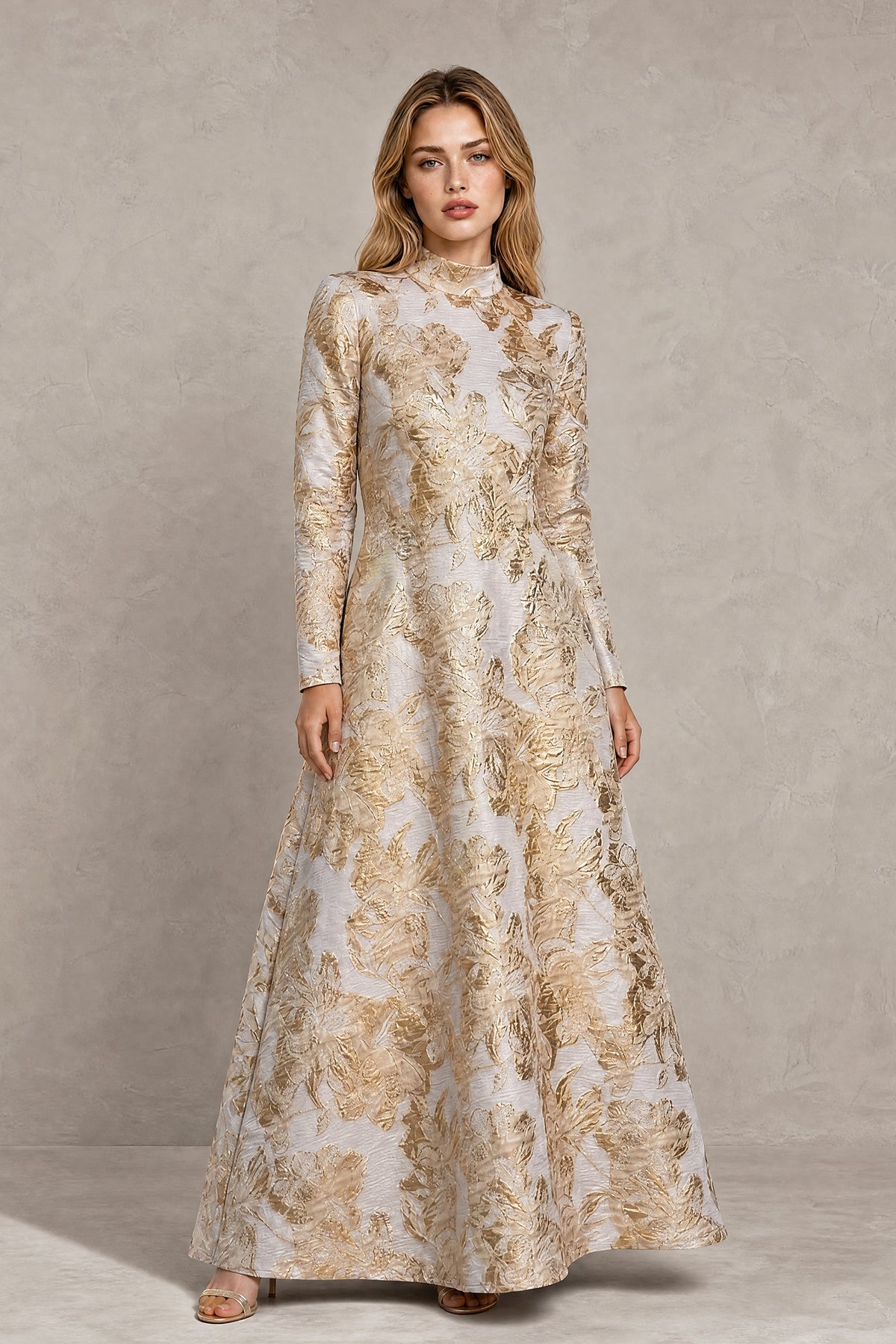 BOLODOO Light Yellow Floral Jacquard Long Sleeve Evening Gown - Light Yellow